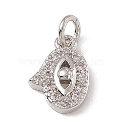 Brass Micro Pave Clear Cubic Zirconia Charms, with Open Jump Rings, Hand with Eye, Platinum, 11.2x7.7x2.5mm, Jump Ring: 4.5x0.7mm, Inner Diameter: 3mm (ZIRC-F132-68P)