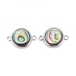 Natural Abalone Shell/Paua Shell Links connectors, with Brass Findings, Flat Round, Platinum, 12x17.5x4.5mm, Hole: 1.5mm(BSHE-F011-08B-P)