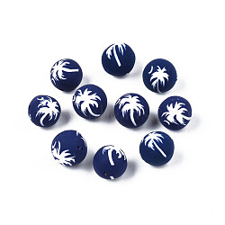 Handmade Polymer Clay Beads, Round with Coconut Tree, Midnight Blue, 9~10x9~10mm, Hole: 1.2mm(CLAY-S092-64)
