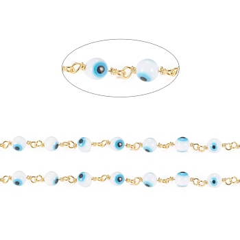 3.28 Feet Handmade Evil Eye Lampwork Round Beaded Chains, with Brass Findings, Unwelded, Long-Lasting Plated, Golden, Light Blue, 15x3x6x1.8mm, Beads: 6mm