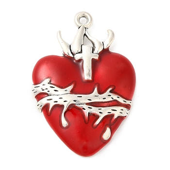 Alloy Enamel Pendants, Antique Silver, Heart with Cross Charm, Crimson, 42x28.5x5mm, Hole: 2mm