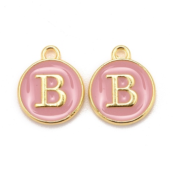Golden Plated Alloy Enamel Charms, Cadmium Free & Lead Free, Enamelled Sequins, Flat Round with Letter, Pink, Letter.B, 14x12x2mm, Hole: 1.5mm
