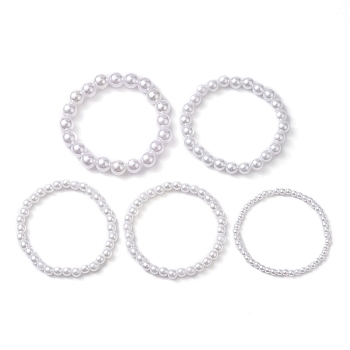 5Pcs 5 Size Acrylic Imitation Pearl Beaded Stretch Bracelets Set, Stackable Bracelets, White, Inner Diameter: 2-1/8 inch(5.5cm), 1Pc/size