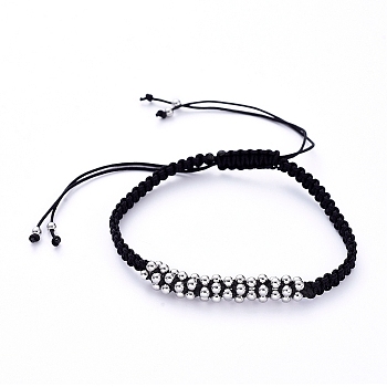 Unisex Adjustable Nylon Thread Braided Bead Bracelets, with Brass Round Beads, Platinum, 2-1/4 inch~3-7/8 inch(5.7~10cm)