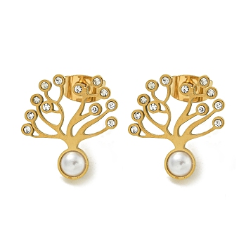 Ion Plating(IP) 304 Stainless Steel & Rhinestone & ABS Plastic Pearl Stud Earrings, Polished, Tree of Life, Golden, 16x15mm