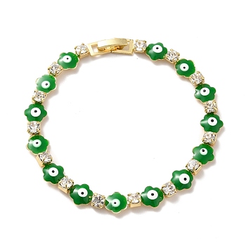 Rack Plating Iron Clover & Square Link Chains Bracelet, Enamel Evil Eye Bracelet with Clear Cubic Zirconia for Women, Golden, Green, 7-7/8 inch(20cm)