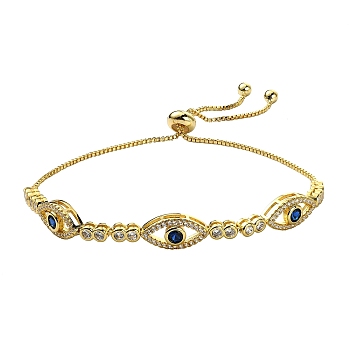 Horse Eye Cubic Zirconia Slider Bracelet, Real 18K Gold Plated Brass Adjustable Bracelet for Women, Marine Blue, Inner Diameter: 1-1/8~2 7/8 inch(3~7.3cm)