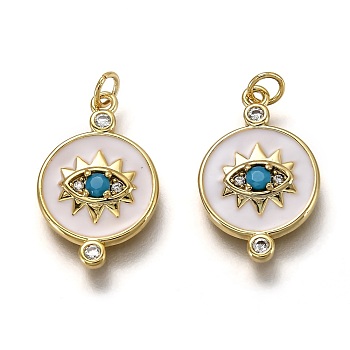 Brass Micro Pave Clear & Deep Sky Blue Cubic Zirconia Pendants, Long-Lasting Plated, with Jump Rings & White Enamel, Flat Round with Eye, Real 18K Gold Plated, 20x13x2.1mm, Hole: 2.5mm