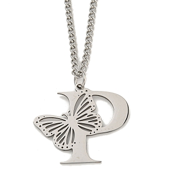 201 Stainless Steel Necklaces, Letter P, 23.74 inch(60.3cm) p: 29.5x34.5x1.3mm
