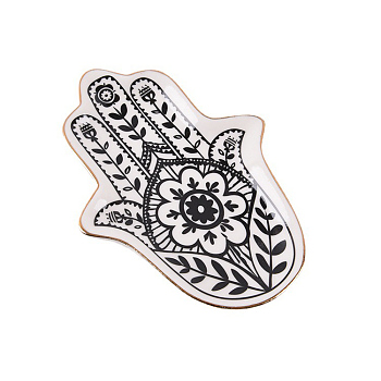 Hamsa Hand/Hand of Miriam with Flower Ceramic Jewelry Plate, Storage Tray for Rings, Necklaces, Earring, Black, 115x80mm