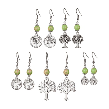 Alloy Tree of Life & Synthetic Imperial Jasper Beads Dangle Earrings, with 304 Stainless Steel Earring Pins, Antique Silver, 44~64x10.5~25mm