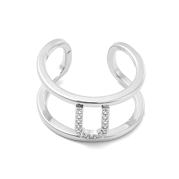 Clear Cubic Zirconia Initial Letter Open Cuff Ring, Platinum Brass Double Line Ring for Women, Lead Free & Cadmium Free, Letter.U, US Size 6(16.5mm)