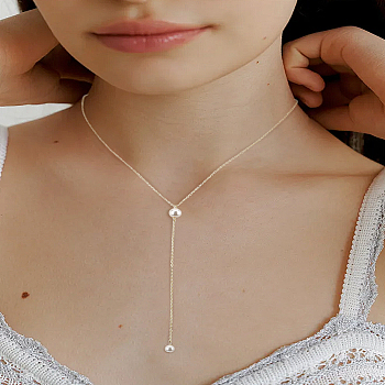 1Pc Stainless Steel Cable Chains Lariat Necklace, with White Plastic Pearl, Golden, 16.54 inch(42cm)