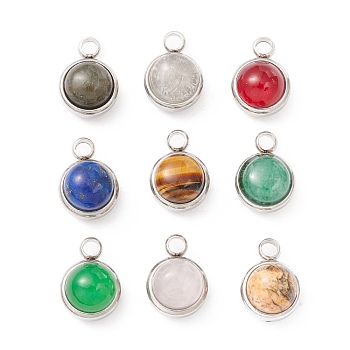 Natural Mixed Stone Charms, with 304 Stainless Steel Findings, Half Round, Stainless Steel Color, 13.5x10x7.5mm, Hole: 2.5mm