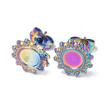 Ion Plating(IP) 304 Stainless Steel Stud Earring Findings, Sun with Round Tray Settings, with Ear Nuts, Rainbow Color, Tray: 5mm, 10.5mm, Pin: 0.7mm