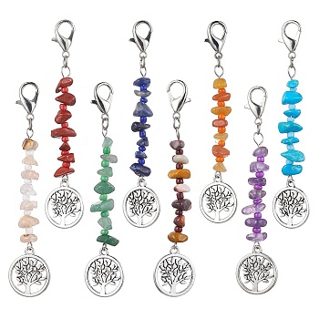 8Pcs Tree of Life Tibetan Style Alloy Pendant Decorations, with Natural & Synthetic Gemstone Chip Beads and Lobster Claw Clasps, 83~84mm