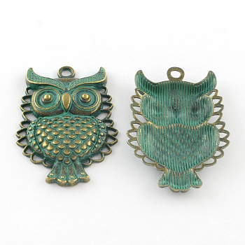 Zinc Alloy Pendants, Cadmium Free & Lead Free, Owl, Antique Bronze & Green Patina, 46x32x5mm, Hole: 3mm