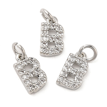 Brass Micro Pave Grade AAA Cubic Zirconia Charms, Letter B, Cadmium Free & Nickel Free & Lead Free, Real Platinum Plated, 9x5x1.5mm, Hole: 2mm