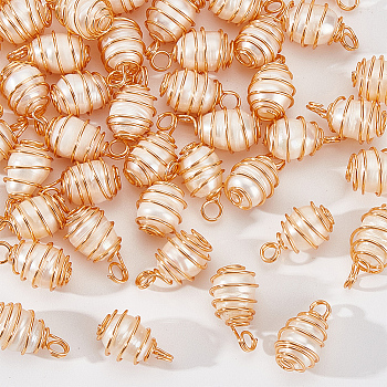 50Pcs Natural Cultured Freshwater Pearl Copper Wire Wrapped Pendants, Rice Charms, Light Gold, 15~17x8.5~9.5mm, Hole: 2.8mm
