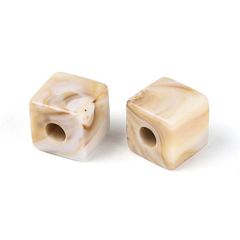 Two Tone Opaque Acrylic European Beads, Large Hole Beads, Imitation Gemstone, Cube, Old Lace, 13~13.5x13~13.5x13~13.5mm, Hole: 5mm, about 217pcs/500g
