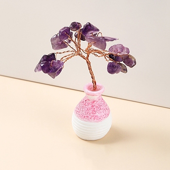 Natural Gemstone Chips Tree of Life Decorations, Mini Ceramic Random Color Vase with Copper Wire Feng Shui Energy Stone Gift for Women Men Meditation, 60~80mm