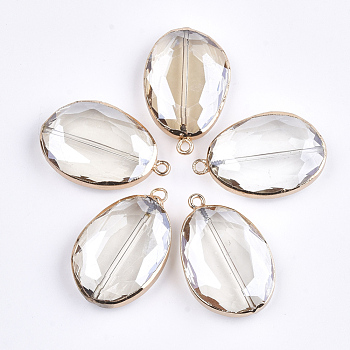 Glass Pendants, with Iron Findings, Faceted, Oval, Golden, WhiteSmoke, 40x25.5x10mm, Hole: 2.5mm