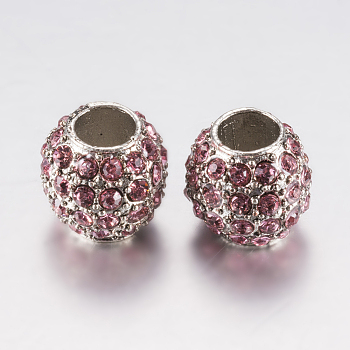Alloy Rhinestone European Beads, Large Hole Beads, Rondelle, Platinum, Pink, 10.5x9.5mm, Hole: 5mm