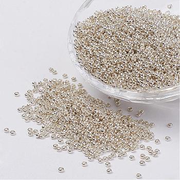 12/0 Grade A Round Glass Seed Beads, Metallic Colours Beads, Silver Plated, 2x1.5mm, Hole: 0.5mm, about 5000pcs/50g
