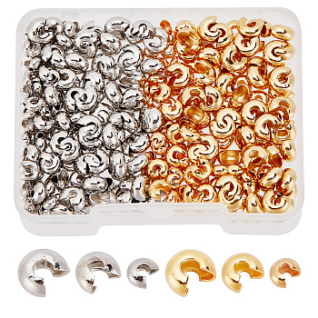 300Pcs 6 Styles Brass Crimp Beads Covers, Long-Lasting Plated, Platinum & Golden, 3~5.8x4~6.5x2~4mm, Hole: 1.2~2mm, 50pcs/style