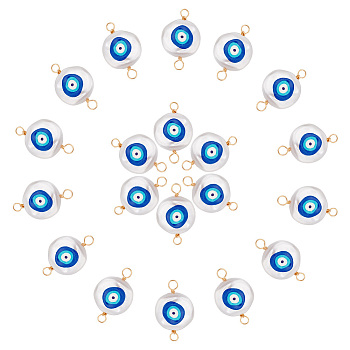 20Pcs 3D Printed Evil Eye ABS Plastic Imitation Pearl Connector Charms, with Eco-Friendly Copper Wire, Flat Round, Blue, Real 18K Gold Plated, 30x18x5mm, Hole: 3mm