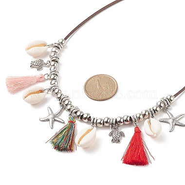 Alloy Starfish & Turtle & Natual Shell & Tassel Charms Bib Necklace(NJEW-TA00049)-5