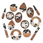 Walnut Wood & Transparent Resin & Gold Foil Pendants, Mixed Shapes Charm, White, 28~52x7.5~38x2.5~2mm, Hole: 1.5mm, about 14pcs/set(WD-CBA583A-05)