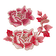 2Pcs 2 Style Peony Polyester Embroidery Sew on Clothing Patches, Flower Applique, Sewing Craft Decoration, Cerise, 90~215x113~182x1~1.5mm, 1pc/style(PATC-NB0001-11D)
