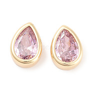 Brass Cubic Zirconia Beads, Teardrop, Real 18K Gold Plated, Pink, 11x8x4mm, Hole: 2.5x1.2mm(KK-C051-60G-01)