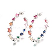 Brass Cubic Zirconia Stud Earrings, Half Hoop Earrings, Ring, Colorful, Platinum, 5.5x39.5mm, Pin: 0.8mm(EJEW-P183-04P)