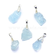 Natural Aquamarine Pendants, Raw Rough Stone, with Platinum Plated Brass Bails, Nuggets, 31~35x12~16x8~12mm, Hole: 4mm(G-K310-J01P-C)