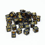 Opaque Plated Acrylic Beads, Metal Enlaced, Horizontal Hole, Mixed Letters, Cube, Golden Plated, 5.5~6x5.5~6x5.5~6mm, Hole: 3.5mm, about 3000pcs/500g(SACR-S297-13)