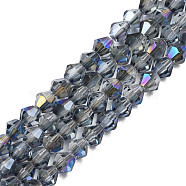 Electroplate Transparent Glass Beads Strands, Faceted, Bicone, Dark Gray, 4x4.5mm, Hole: 0.9mm, about 84~109Pcs/strand, 12.6~21.26 inch(32~54cm)(EGLA-Q026-016B)