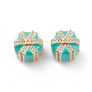 Real 18K Gold Plated Brass European Beads, Large Hole Beads, with Enamel and Micro Pave Cubic Zirconia, Long-Lasting Plated, Gifts Shape, for Christmas, Medium Turquoise, 11x9.4mm, Hole: 4.2mm(X-OPDL-L018-E02)