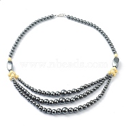 Non-Magnetic Synthetic Hematite & Turquoise Beades 3 Layer Necklaces, with Alloy Lobster Claw Clasps, Round & Twistd, Lemon Chiffon, 20.27 inch(51.5cm), Twistd: 20x9.5x9.5mm(NJEW-J058-01B-02)