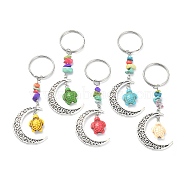 Dyed Synthetic Turquoise Turtle Keychain, with Alloy Moon, Iron Split Key Rings, Antique Silver, Mixed Color, 9.3cm(KEYC-JKC00492)