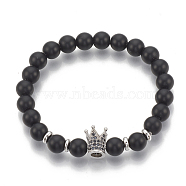 Synthetic Lava Rock Stretch Bracelets, with Brass Micro Pave Cubic Zirconia Findings, Crown, Black, Platinum, 1-3/4 inch(4.5cm)~2 inch(5cm)(ZIRC-T006-23P-02)