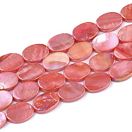 Freshwater Shell Beads Strands, AB Color, Dyed, Oval, Salmon, 13~15x10~11x2~3mm, Hole: 1mm, about 26~28pcs/strand, 15.5 inch(X-SSHEL-T007-19E)