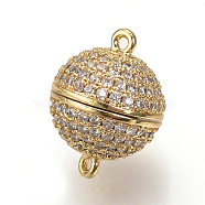 Brass Micro Pave Cubic Zirconia Magnetic Clasps with Loops, Round, Golden, 16x12mm, Hole: 1mm(ZIRC-S058-04G-12mm)