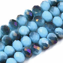 Electroplate Opaque Glass Beads Strands, Half Purple Plated, Faceted, Rondelle, Light Sky Blue, 8x6mm, Hole: 1mm, about 63~65pcs/strand, 39~40cm(EGLA-A034-P8mm-F19-1)