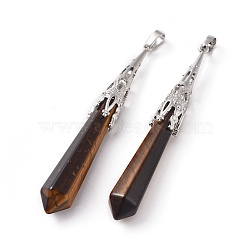 Natural Tiger Eye Big Pointed Pendants, with Brass Finding, Bullet, Platinum, 75~80x10~10.5mm, Hole: 5x7mm(G-G797-05P-02)