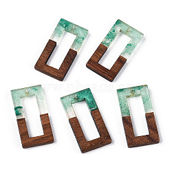 Transparent Resin & Walnut Wood Pendants, with Glitter Powder, Hollow Rectangle Charms, Light Sea Green, 28x14.5x3.5mm, Hole: 1.8mm(RESI-N039-71)