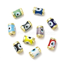 Handmade Evil Eye Lampwork Beads, with Light Gold Tone Brass Findings, Long-Lasting Plated, Lead Free and Cadimum Free, Column, Mixed Color, 14.5~15x9~9.5mm, Hole: 1.8mm(LAMP-M012-01)