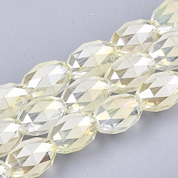 Electroplated Glass Beads Strands, Frosted, Faceted, Oval, Light Yellow, 12~13x9.5mm, Hole: 1.5mm, about 50pcs/strand, 25.5 inch(EGLA-T015-02B-07)