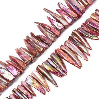 Electroplated Natural Freshwater Shell Beads, Teardrop, AB Color, Dark Salmon, 14~34x4~11x2~7mm, Hole: 1mm, about 57~78pcs/strand, 14.37 inch~15.35 inch(36.5~39cm)